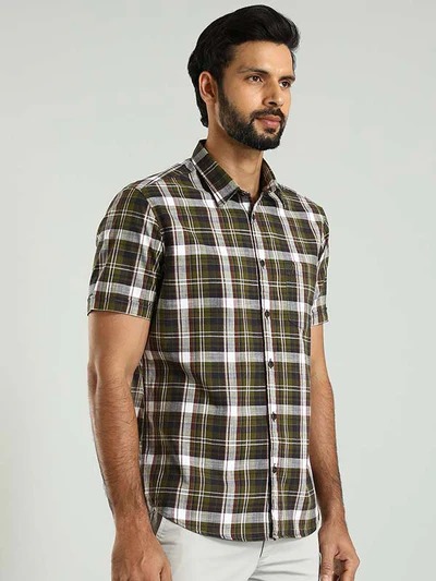 Indian Terrain Men's Regular Fit Half Sleeve Checkered Green Shirt